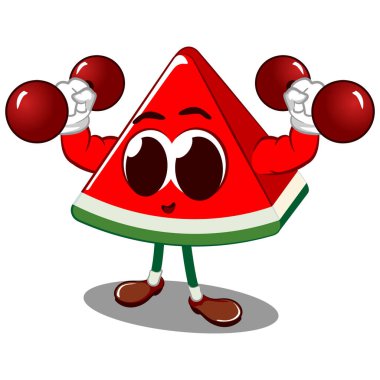 Halter egzersizlerini kaldırarak güçlü bir vücut geliştirici olmak için sevimli bir karpuz parçasının maskot vektör çizimi