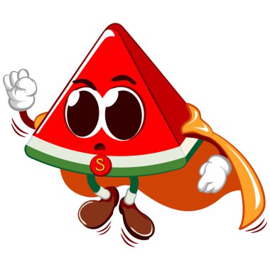 Vektör maskotu, çizgi film ve kesilmiş karpuz çizimi. Şirin, güçlü ve güçlü uçan bir süper kahraman.