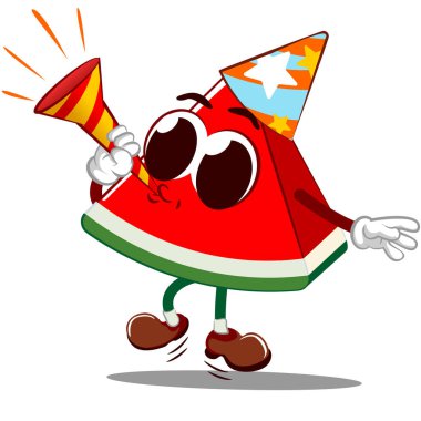 Vektör maskot, karikatür ve parti şapkası takarak parti veren tatlı bir karpuz çizimi.
