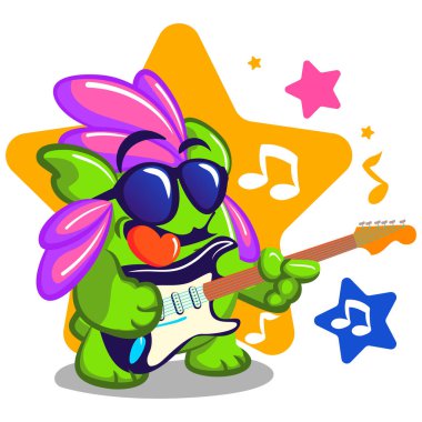 Vektör maskot, çizgi film ve parlak sarı bir yıldızın önünde elektro gitar çalan pembe gür saçlı, tombul yeşil bir yaratığın çizimi.