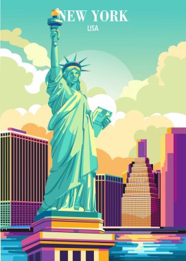 Travel Poster New York USA with liberty statue background