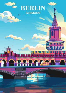 Oberbaum Köprüsü arka planında Seyahat Afişi Berlin Almanya
