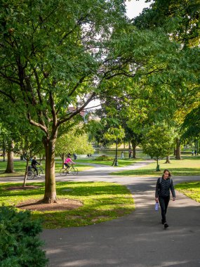 Boston, Massachusetts, ABD 'de Boston Halk Bahçesi ve Boston Commons' un mimarisini görüyoruz. Bahçeleri ve bir sürü yerli ve turist eğleniyor..