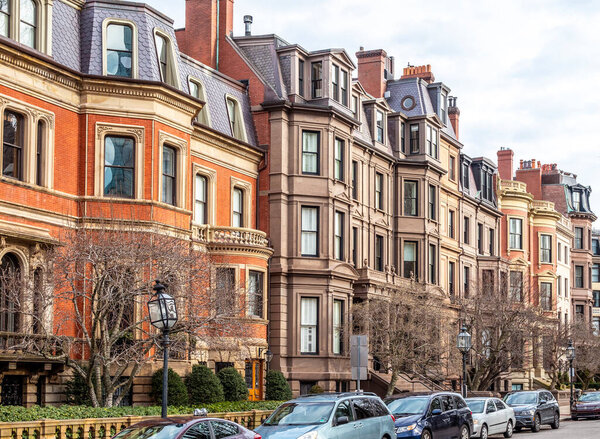 The historic architecture of Boston in Massachusetts, USA showcasing the Brown stone home at Commonwealth Avenue.