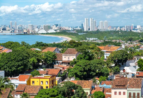 stock image View of the historic architecture of the Brazilian city of Olinda in Pernambuco, Brazil with its 17th century buildings on cobblestone streets on a sunny summer day.