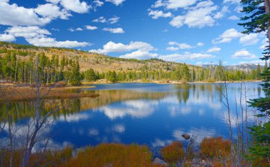 Rocky Dağı Ulusal Parkı, Kuzey Colorado 'daki Sprague Gölü' nde Parlak Sonbahar panoramisi.