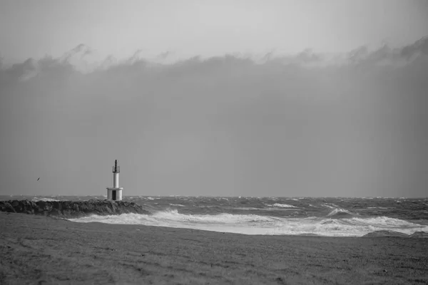 Schwarz Weiß Fotografie Eines Kleinen Leuchtturms Strand Von Les Barcares — Stockfoto