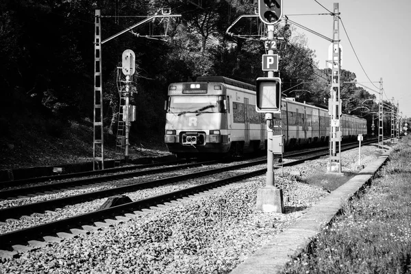 Zwart Wit Foto Van Een Pendeltrein Langs Een Spoorlijn Spanje — Stockfoto