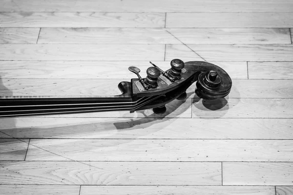 Black White Photo Showing Detail Double Bass Wooden Surface — Stock Photo, Image