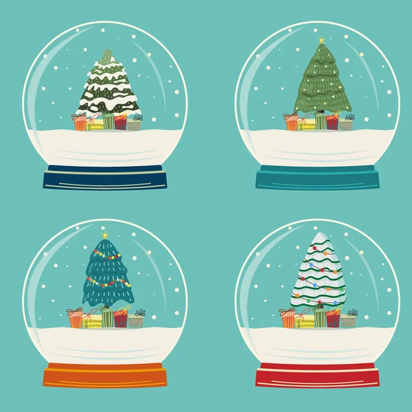 Set Christmas Glass Ball Christmas Trees Gifts — Stock Vector