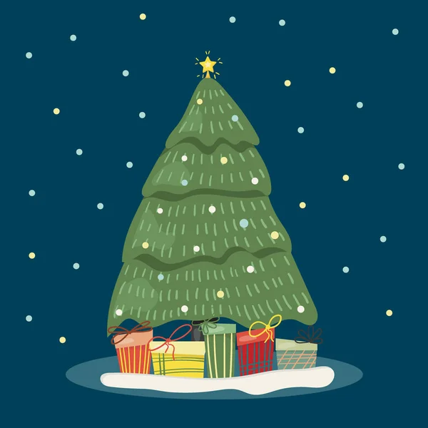 Χριστουγεννιάτικη Κάρτα Χριστουγεννιάτικο Δέντρο Και Δώρα — Διανυσματικό Αρχείο