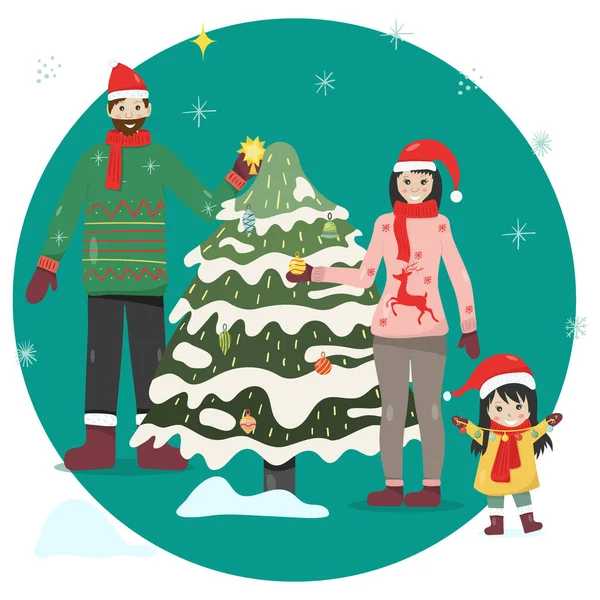 Happy Smiling Family Decorating Christmas Tree — Stock Photo, Image