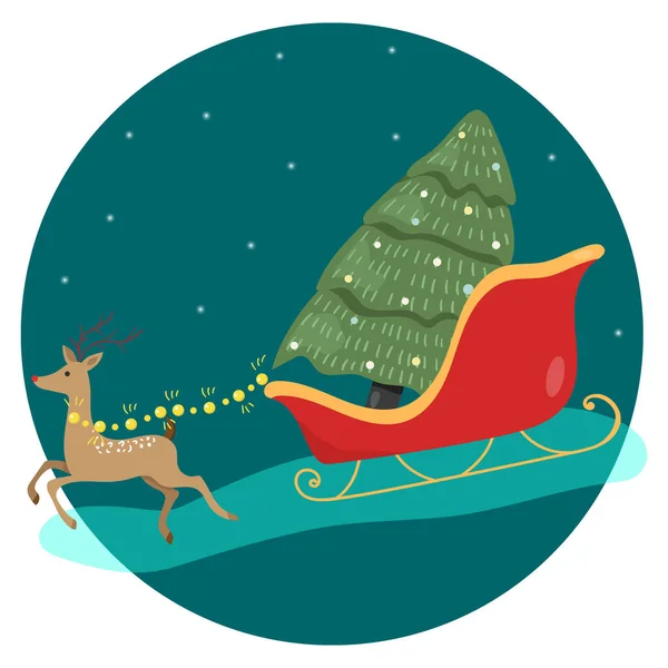 Merry Christmas Happy New Year Christmas Card Deer Fir Tree — Stock Vector