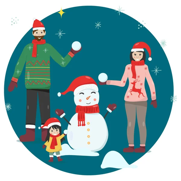 クリスマスの家族は雪だるまを作る — ストックベクタ