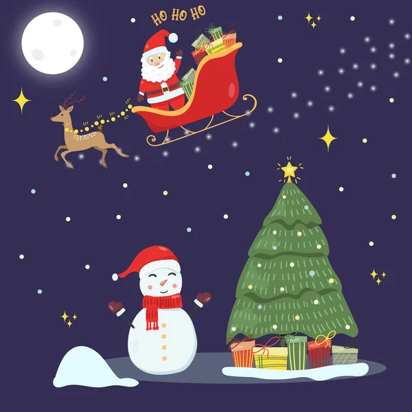 メリークリスマスとハッピーニューイヤー 鹿とギフト付きサンタクロースクリスマスカード — ストックベクタ
