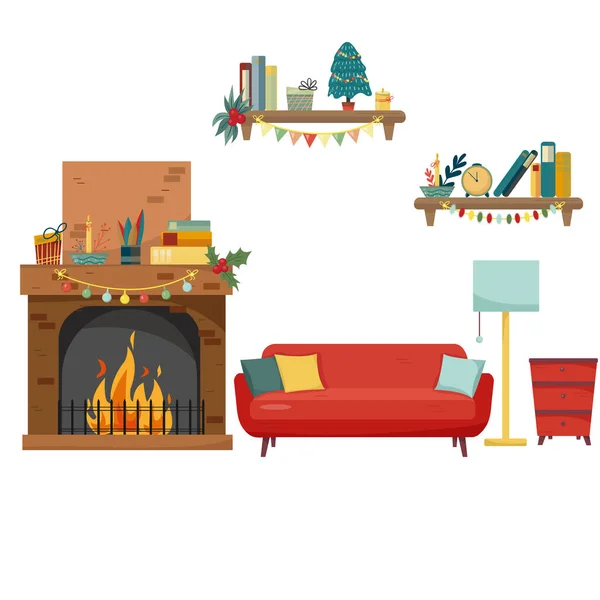 Interior Sala Lareira Natal Estilo Desenho Animado Colorido Plana —  Vetores de Stock