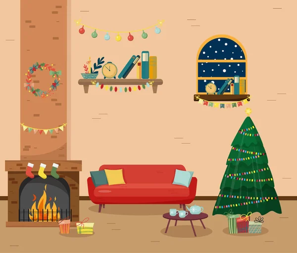 Christmas Fireplace Room Interior Colorful Cartoon Flat Style — Stock Vector