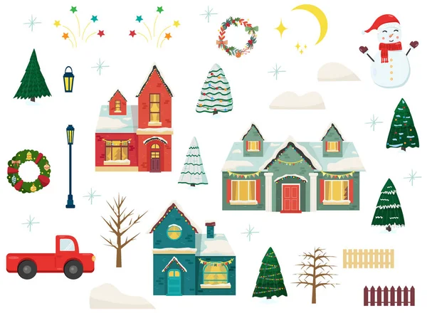 New Year Christmas Home Set Stylized Winter Cute Cozy Houses — Stock Vector