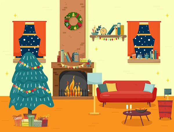 Christmas Fireplace Room Interior Colorful Cartoon Flat Style — Stock Vector
