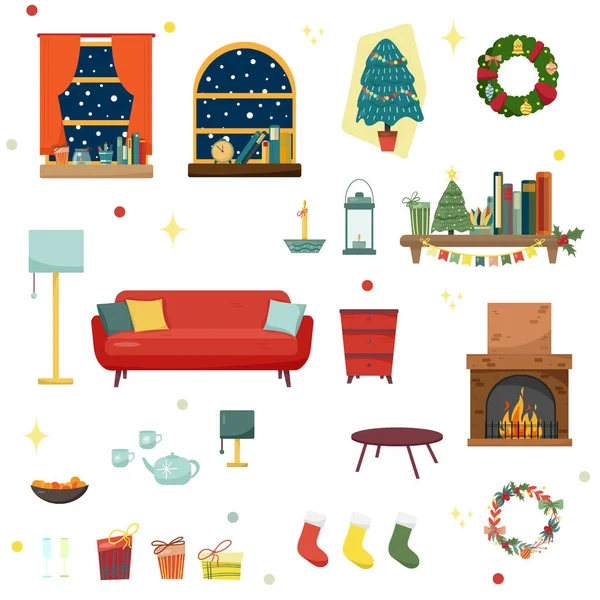 Set Colorful Holiday Interior Design House Rooms Furniture Icons — Stock Vector