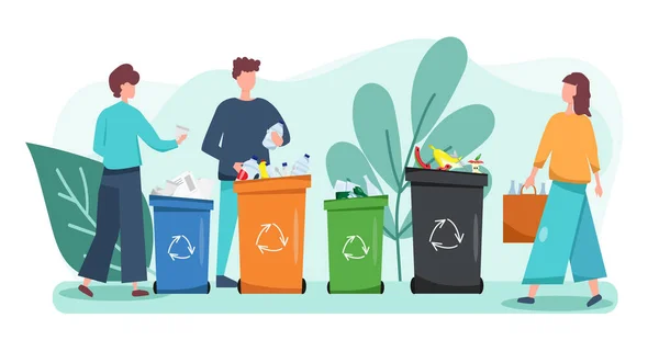 Set People Sorting Garbage Zero Waste Concept — Stock Vector