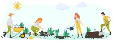 Gardening people set, spring.flat vector concept illustration of diverse people -men and women, doing hobby garden work.Spring gardening concept