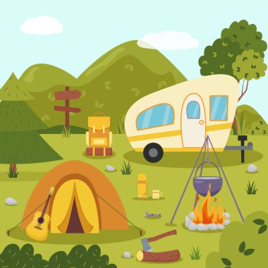 Kamp konsepti sanatı. Güzel manzaranın, dağların, ormanın, çadırın ve bir kamp ateşinin düz çizimi. Pankart, poster, web sitesi, amblem, logo ve diğerleri için tasarım.