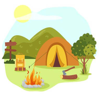 Kamp konsepti sanatı. Güzel manzaranın, dağların, ormanın, çadırın ve bir kamp ateşinin düz çizimi. Pankart, poster, web sitesi, amblem, logo ve diğerleri için tasarım.