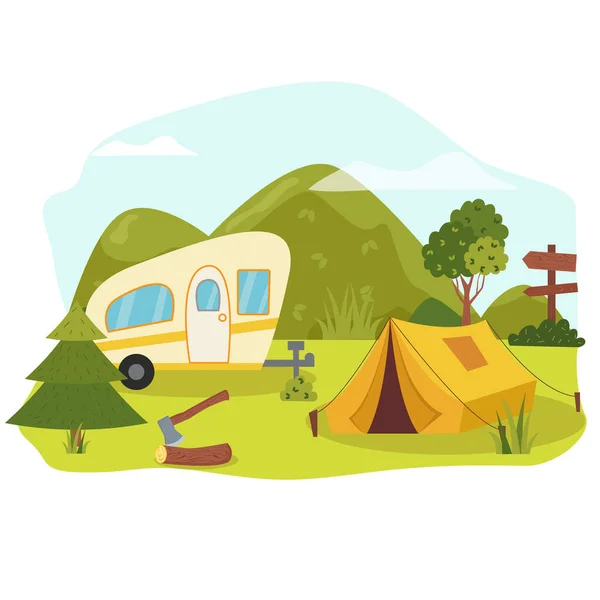 Camping Concepto Arte Ilustración Estilo Plano Hermoso Paisaje Montañas Bosque — Archivo Imágenes Vectoriales