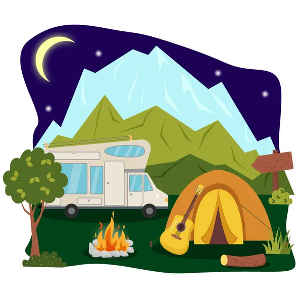 Camping Concepto Arte Ilustración Estilo Plano Hermoso Paisaje Montañas Bosque — Vector de stock