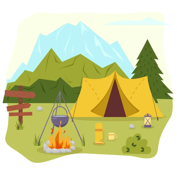 Camping Concept Art Flat Style Illustration Beautiful Landscape Mountains Forest — Stock Vector