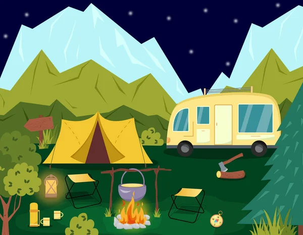 Camping Konzeptkunst Flache Darstellung Schöner Landschaft Berge Wald Zelt Und — Stockvektor