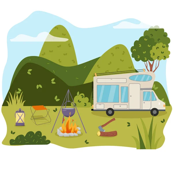 Camping Konzeptkunst Flache Darstellung Der Schönen Landschaft Der Berge Des — Stockvektor