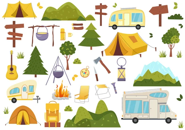 Elementos Camping Senderismo Bosque Icono Caminata Set Wanderlust Scout Aventura — Vector de stock