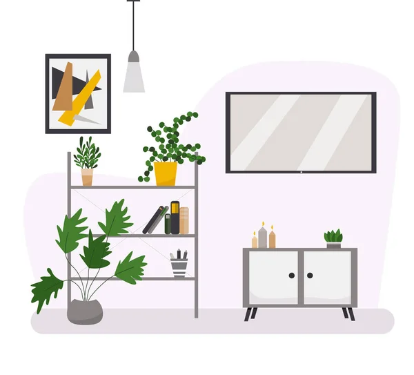 ポスターや棚 テレビ 屋内植物と白いリビングルームのインテリアデザイン ベクトル平図 — ストックベクタ