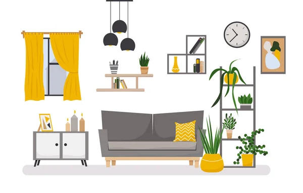 ポスターとソファ 屋内植物と白いリビングルームのインテリアデザイン ベクトル平図 — ストックベクタ