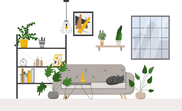 ポスターやソファ 屋内植物と白いリビングルームのインテリアデザイン ベクトル平図 — ストックベクタ