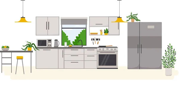 Interior Cocina Con Muebles Ilustración Vectorial Estilo Plano — Vector de stock