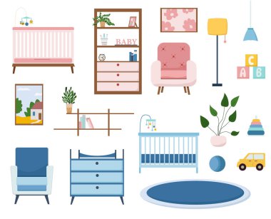 Çocuk mobilyalarının vektör seti. Beşik, gardırop, değiştirme masası, koltuk, çiçekler, oyuncaklar, halı
