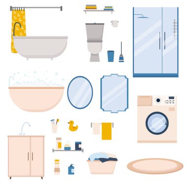 Banyo vektörü ayarlandı. Banyo, duş, tuvalet, çamaşır makinesi, ayna, dolap, havlu, ördek, halı.