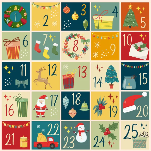Kalendarz Adwentowy Boże Narodzenie Ręcznie Rysowane Elementy Xmas Plakat — Wektor stockowy