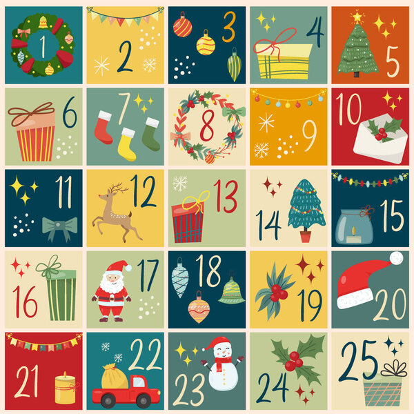 Рождественский календарь с нарисованными вручную элементами. Плакат Xmas
.