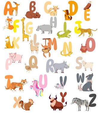 Hayvanların alfabesi. Tam Hayvanlar alfabesi. Vahşi hayvanların çizdiği bir dizi komik el. Tasarım fikirlerin, kartların, posterlerin ve çocuk odası dekorasyonun için harika..