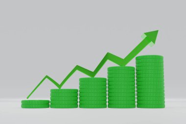 Rising up line graph with gold coins stacking. 3D rendering