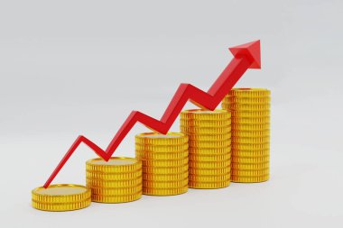 Rising up line graph with gold coins stacking. 3D rendering