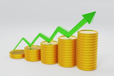 Rising up line graph with gold coins stacking. 3D rendering