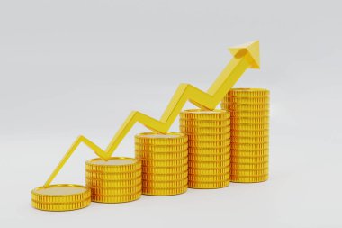 Rising up line graph with gold coins stacking. 3D rendering