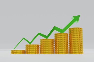 Rising up line graph with gold coins stacking. 3D rendering
