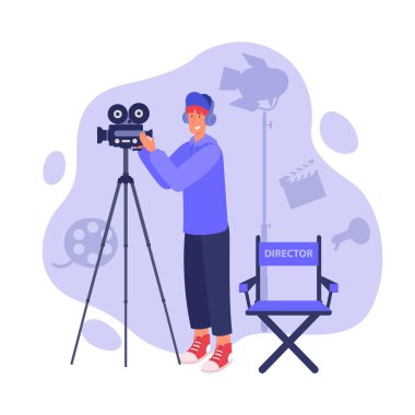 Videograf ya da yönetmen karikatür vektör çizimleri. Video çeken bir adam