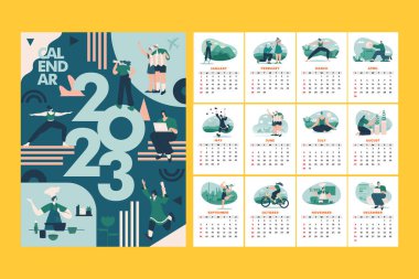 Modern ve biçimlendirilmiş aylık 2023 takvimi Hedefleri ve çözümleri 2023 konsept illüstrasyon